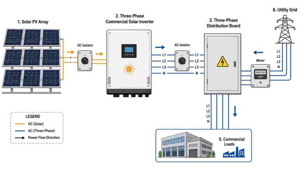 three phase commercial solar inverter connecting solar panels to a three phase distribution board and utility grid