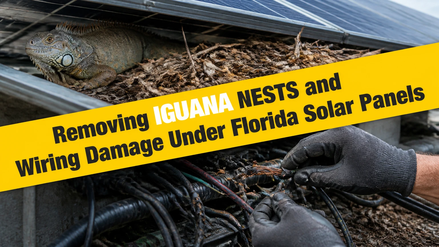 removing iguana nests and wiring damage under florida solar panels